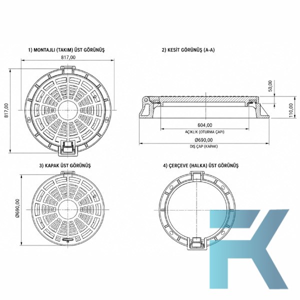 FK-600-MYC-C250 Kompozit Yuvarlak Rögar Kapağı Takımı Menteşeli Ø600 mm | C250